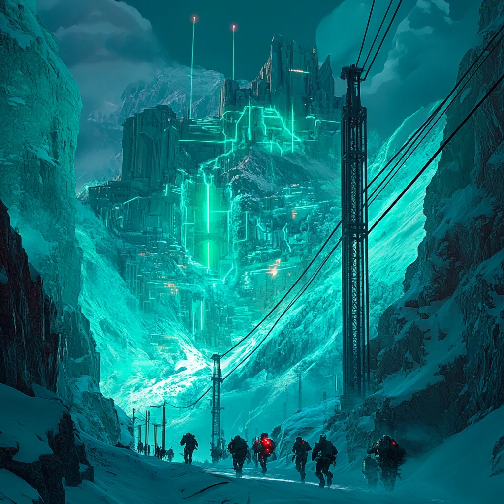 Crystalline ice palace with cyan aurora, brutalist spires glowing from within against a frozen horizon