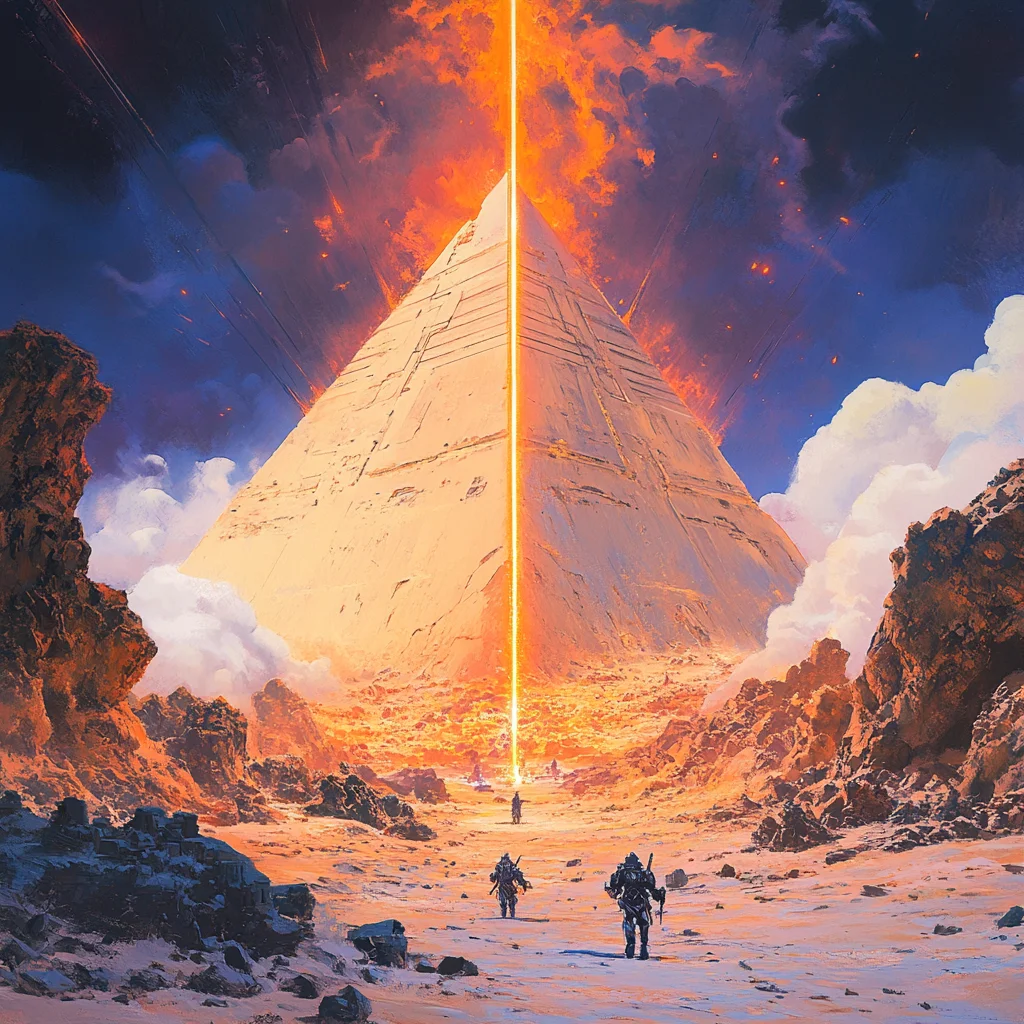 Massive desert pyramid crowned with amber neon, heroic-scale figures crossing dunes in its shadow