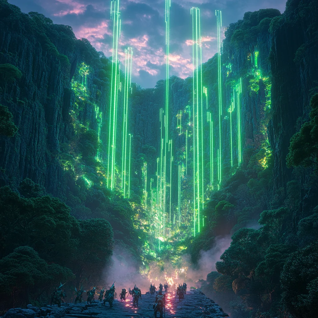 Towering jungle temple ablaze with emerald neon, bioluminescent canopy pressing in from every side