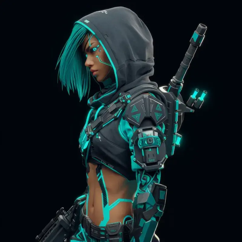 Marksman character concept with a hood and cyan-lit tactical armor