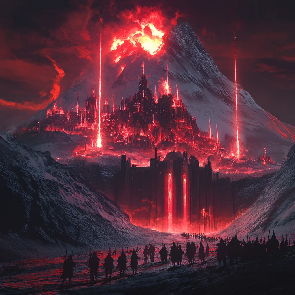 Volcanic fortress carved into an active caldera, red neon energy pulsing through molten veins beneath obsidian ramparts