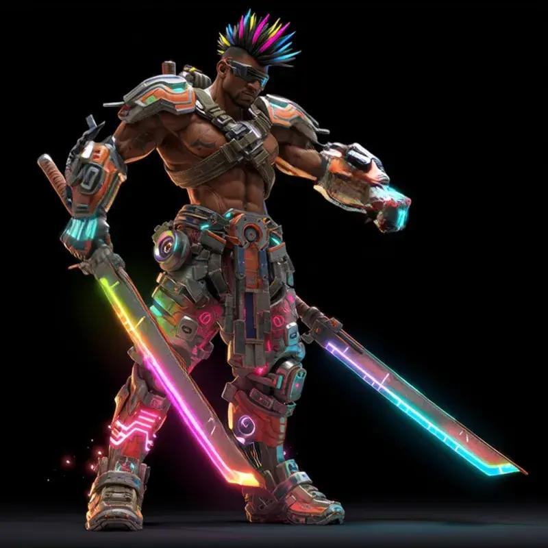 Warrior character concept with heavy armor and glowing twin blades